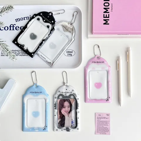 Ins Style PVC Idol Photocard Holder With Transparent Window Heart Star Pattern Card Protector With Metal Bead Chain
