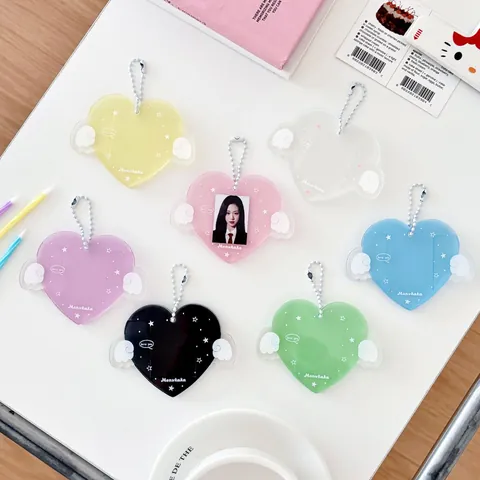 Portatarjetas de Fotos de Acrílico en Forma de Corazón Con Alas Lindo Kawaii Funda de Tarjeta Transparente Llavero para Foto Id Estudiante Papelería Colgante de Bolsa