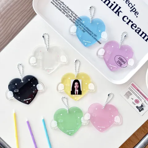 Portatarjetas de Fotos de Acrílico en Forma de Corazón Con Alas Lindo Kawaii Funda de Tarjeta Transparente Llavero para Foto Id Estudiante Papelería Colgante de Bolsa