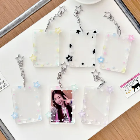 Acrylic Star Photocard Holder With Star Shape Keychain Clip Cute Portable Card Protector Case For Idol Photos ID Cards
