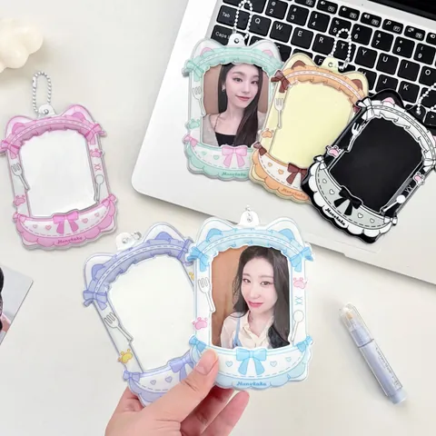 Kawaii Cat Ear PVC Photocard Holder With Bowknot And Metal Bead Chain For Idol Photo Cards Storage Card Sleeve Protective Case School Office Decor