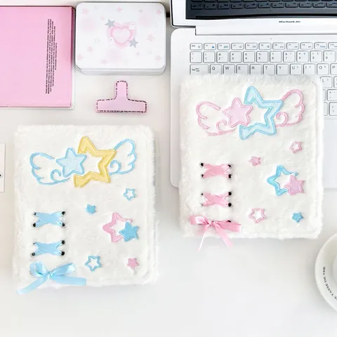 Kawaii Plush A6 6 Ring Binder Photocard Holder Angel Wings Star Embroidery Lace Up Satin Ribbon Kpop Star Photocard Storage Album