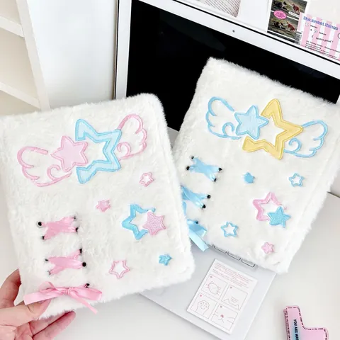 Kawaii Plush A6 6 Ring Binder Photocard Holder Angel Wings Star Embroidery Lace Up Satin Ribbon Kpop Star Photocard Storage Album