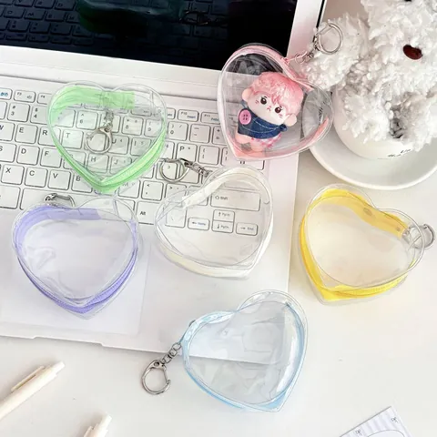 Mini Heart Shaped Clear PVC Pouch With Zipper And Keychain Transparent Doll Storage Bag Keyring For Backpack Girls Jewelry Organizer
