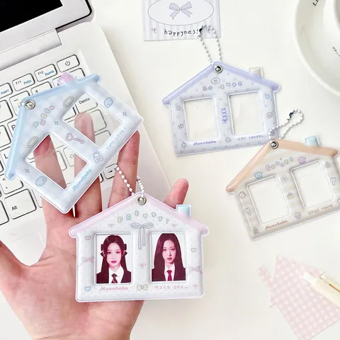 Cute House Shape Double Slot PVC Photo Card Holder Keychain Pendant With Bead Chain For Idol Cards Student ID Badge Holder