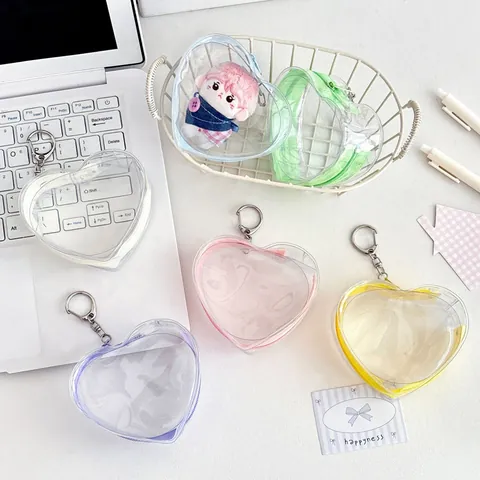Mini Heart Shaped Clear PVC Pouch With Zipper And Keychain Transparent Doll Storage Bag Keyring For Backpack Girls Jewelry Organizer