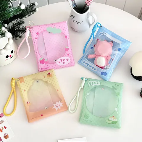 Clear PVC Doll Storage Bag Cartoon Strawberry Milk Pattern Mini Portable Card Holder With Lanyard For Dolls Protection Case