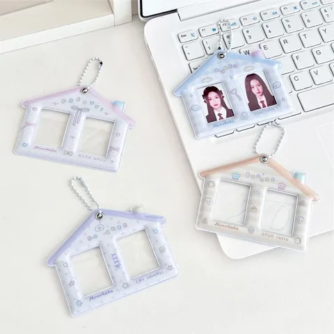 Cute House Shape Double Slot PVC Photo Card Holder Keychain Pendant With Bead Chain For Idol Cards Student ID Badge Holder