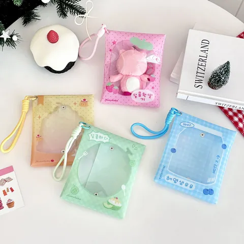 Clear PVC Doll Storage Bag Cartoon Strawberry Milk Pattern Mini Portable Card Holder With Lanyard For Dolls Protection Case