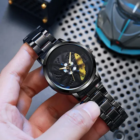 Men's Car Racing Wheel Hub Watch 3D Hollow Dial Quartz Wristwatch Alloy Case Stainless Steel Strap Sporty Creative Gift