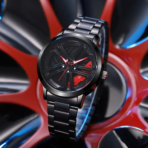 Men Rotary Car Wheel Hub Skeleton Watch Stainless Steel Strap Racing Sport Style Quartz Wristwatch Fashion Jewelry Gift