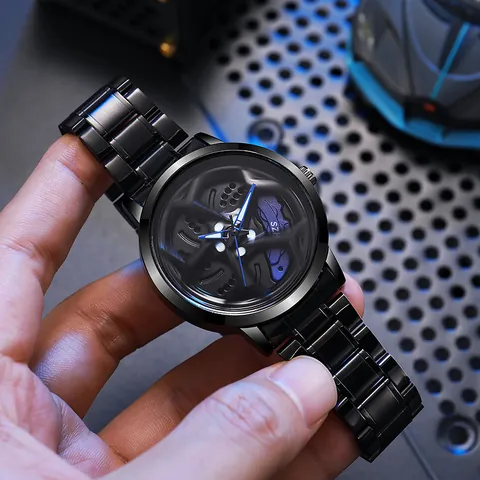 Men Creative 3D Rotating Wheel Hub Design Quartz Watch Black Stainless Steel Strap Fashion Racing Sporty Wristwatch Gift
