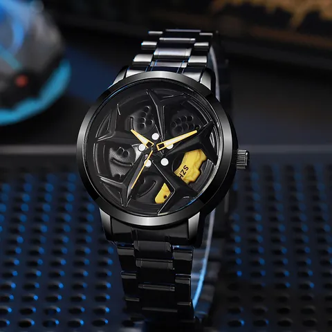 Men Creative 3D Rotating Wheel Hub Design Quartz Watch Black Stainless Steel Strap Fashion Racing Sporty Wristwatch Gift