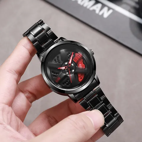 Men's Quartz Watch Creative Car Wheel Hub Design Hollow Out Wristwatch With Alloy Stainless Steel Strap 30M Waterproof