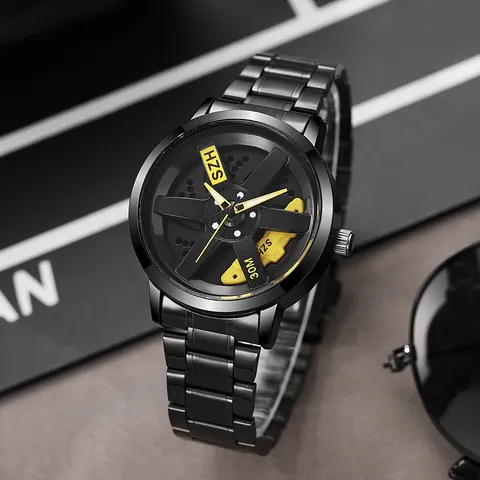 Men's Quartz Watch Creative Car Wheel Hub Design Hollow Out Wristwatch With Alloy Stainless Steel Strap 30M Waterproof