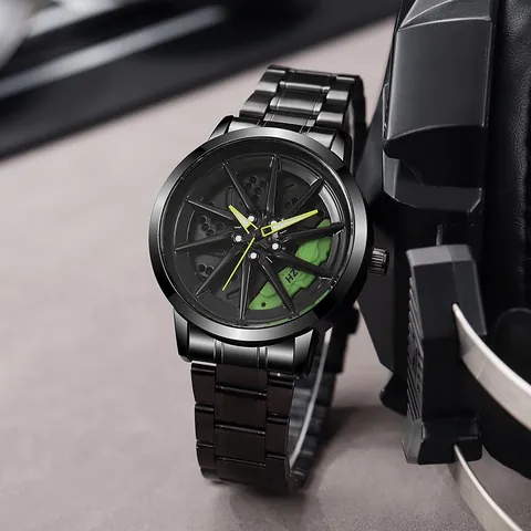 Men Sports Car Hub Watch Rotating Dial Car Rim Design Quartz Wristwatch Alloy Mesh Band Racing Fashion Jewelry Gift For Male