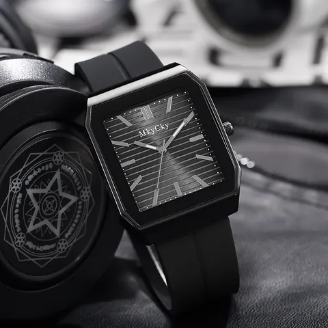 Men's Fashion Quartz Watch Square Alloy Case Striped Dial Silicone Band Business Casual Wristwatch Sport Jewelry Gift