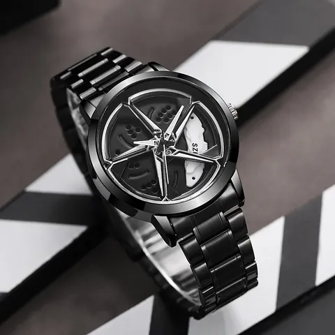 Men's Fashion Quartz Watch 3D Car Wheel Hub Rim Design Rotating Dial Alloy Steel Band Sports Wristwatch With Brake Caliper