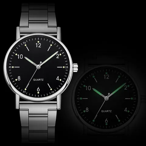 Reloj de Cuarzo de Acero Inoxidable Negocios Casual para Hombre Mujer Esfera Redonda Analógica Luminosa Caja de Aleación Joyería Regalo