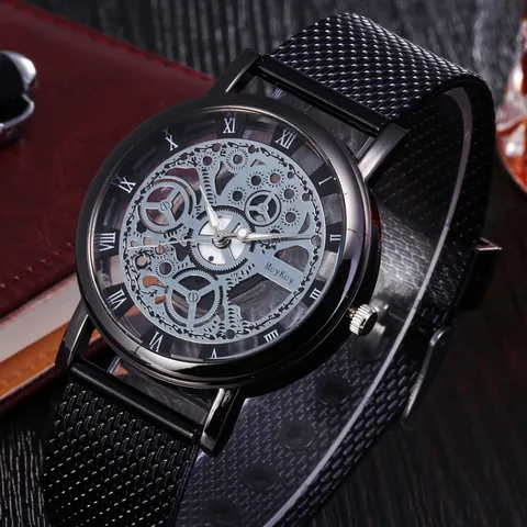 Fashion Men Quartz Watch Hollow Dial Gear Design Alloy Case Silicone Strap Casual Mesh Style Wristwatch For Daily Wear