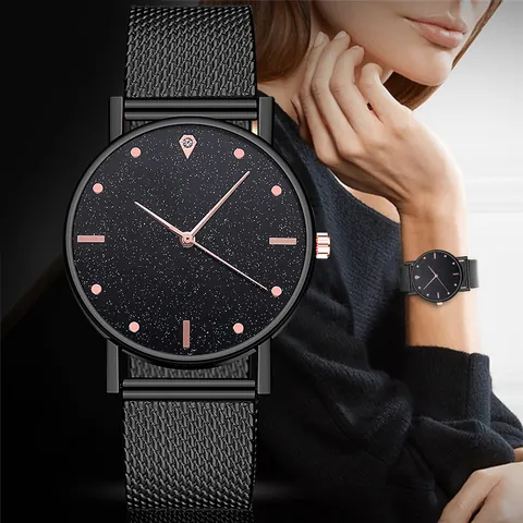 Reloj de Cuarzo para Mujer Moda Esfera con Purpurina de Cielo Estrellado Correa de Malla de Acero Inoxidable Reloj de Pulsera