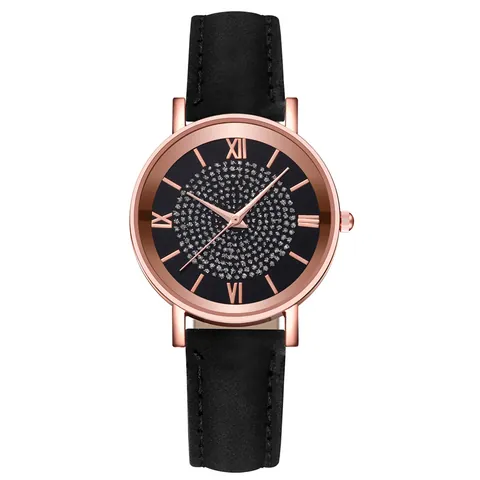 Reloj de Cuarzo con Diamantes de Imitación de Cielo Estrellado para Mujer Caja de Aleación Redonda Números Romanos Correa de Cuero Reloj de Pulsera Elegante Regalo para Mujer
