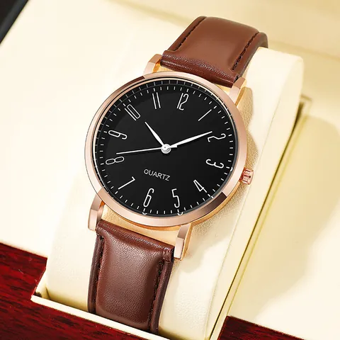 Montre à Quartz Business pour Hommes Minimaliste Décontractée Boîtier en Alliage Finition Or Rose Avec Bracelet en Similicuir Chiffres Arabes Cadeau Montre de Mode