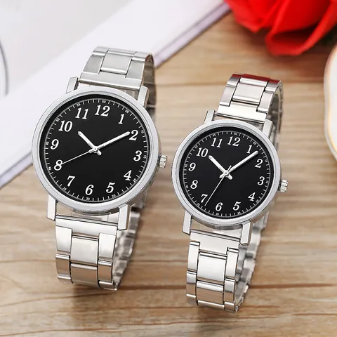 Business Quarz Paar Uhr Set Silber Edelstahl Armband Rund Legierung Gehäuse Analog Display Geschenk Für Herren Damen