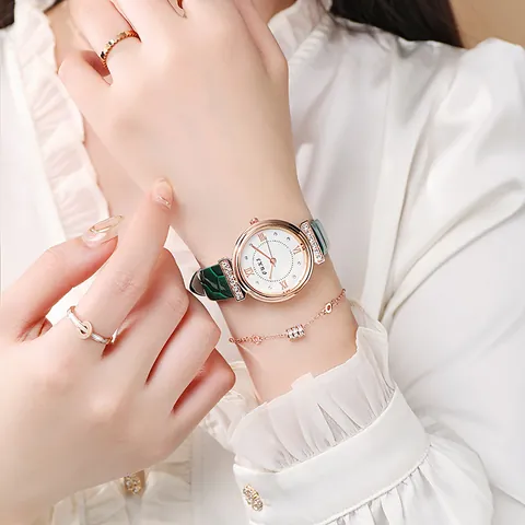 Women's Fashion Quartz Watch Alloy Case Rhinestone Dial Faux Leather Strap Casual Wristwatch