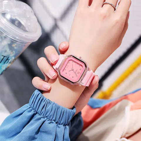 Fashion Women Quartz Watch Square Transparent Case Silicone Strap Rhinestone Dial Casual Student Wristwatch Rose Gold