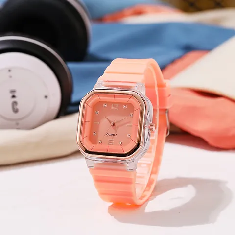 Reloj de Cuarzo Cuadrado de Moda Caja Transparente Detalles Oro Rosa Estrás Correa Silicona Casual Unisex Reloj de Pulsera