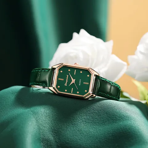 Montre à Quartz Vintage pour Femme Boîtier Carré en Alliage Or Rose Bracelet en Similicuir Texture Crocodile Élégante