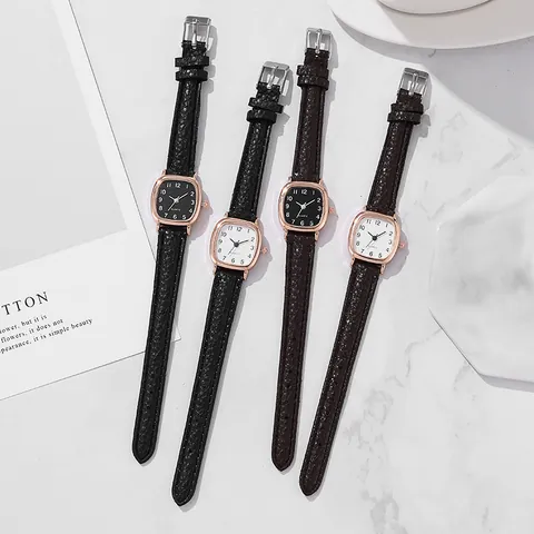 Vintage Women's Quartz Watch Rose Gold Square Case Litchi Texture Leather Strap Arabic Numerals Elegant Ladies Dress Wristwatch