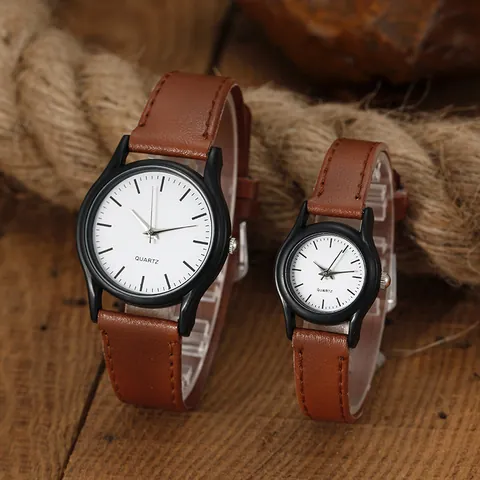Juego de Relojes de Cuarzo para Pareja Minimalista Con Correa de Piel Sintética Caja de Aleación Redonda Reloj de Pulsera Analógico Casual para Hombres Mujeres Regalo