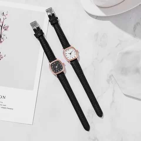 Vintage Women's Quartz Watch Rose Gold Square Case Litchi Texture Leather Strap Arabic Numerals Elegant Ladies Dress Wristwatch