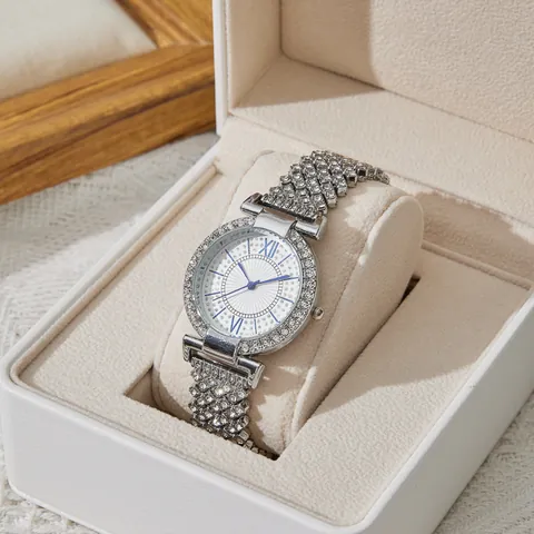 Women Luxury Rhinestone Quartz Watch With Alloy Band Blue Hands Roman Numerals Fashion Bling Jewelry Wristwatch For Ladies