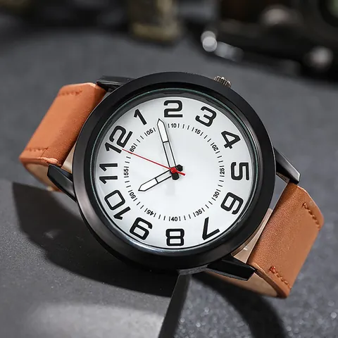 Fashion Men Business Quartz Watch Large Arabic Numerals Dial Luminous Hands Faux Leather Strap Round Case Casual Wristwatch