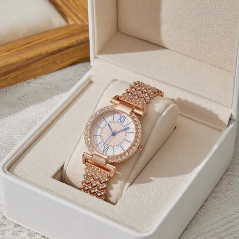 Women Luxury Rhinestone Quartz Watch With Alloy Band Blue Hands Roman Numerals Fashion Bling Jewelry Wristwatch For Ladies