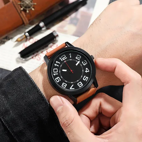 Fashion Men Business Quartz Watch Large Arabic Numerals Dial Luminous Hands Faux Leather Strap Round Case Casual Wristwatch