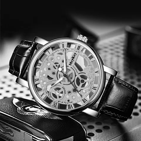Herren Mode Skelett Quarzuhr Legierung Gehäuse Kunstleder Armband Römische Zahlen Business Casual Analog Zeitmesser Für Herren