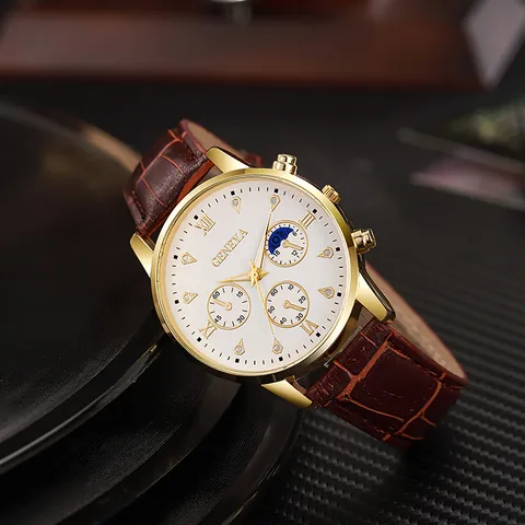 Geneva Men Business Quartz Watch Gold Case Roman Numerals Rhinestone Dial Crocodile Pattern Leather Strap Fashion Luxury Wristwatch