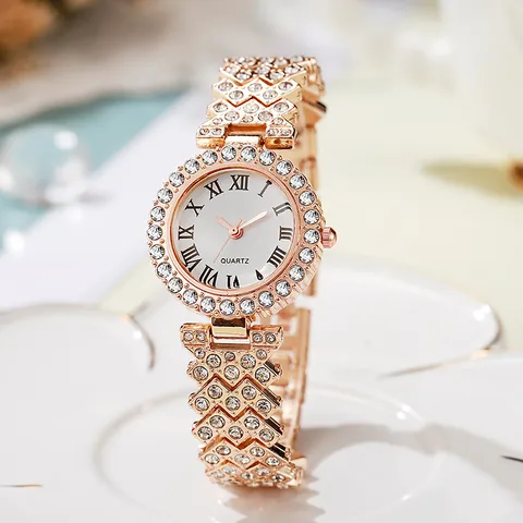 Reloj de Cuarzo de Lujo para Mujer Juego de Reloj con Pulsera de Aleación y Diamantes de Imitación Elegante Esfera de Números Romanos Regalo de Joyería para Damas