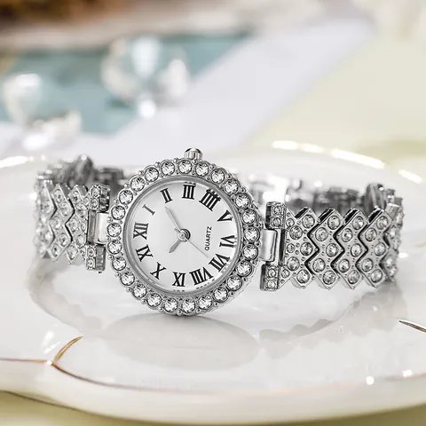 Reloj de Cuarzo de Lujo para Mujer Juego de Reloj con Pulsera de Aleación y Diamantes de Imitación Elegante Esfera de Números Romanos Regalo de Joyería para Damas
