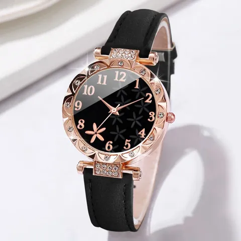 Reloj de Cuarzo para Mujer con Esfera de Flores y Patrón de Estrella de Mar Caja de Aleación con Diamantes de Imitación Correa de Cuero PU