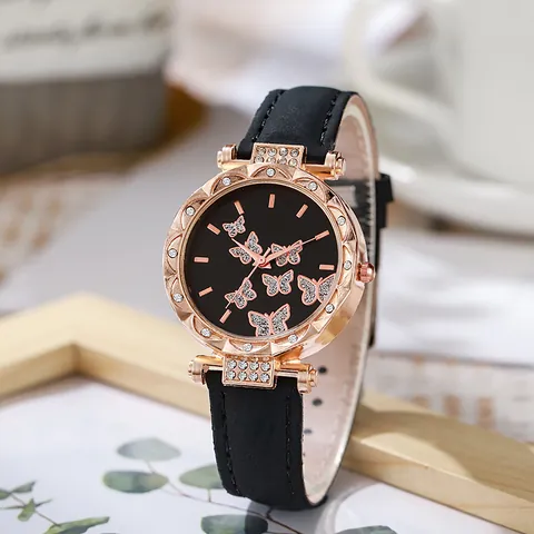 Damen Mode Schmetterlingsmuster Strass Zifferblatt Quarzuhr PU Lederarmband Roségold Gehäuse Analoge Armbanduhr Damen Schmuck