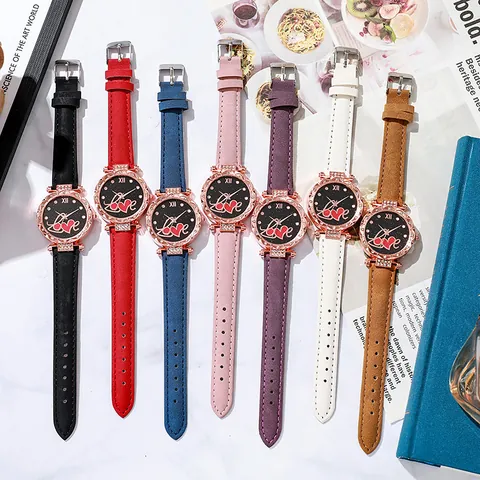 Women Rhinestone Starry Sky Quartz Watch With Love Heart Dial Rose Gold Case Faux Leather Strap Fashion Ladies Wristwatch Gift