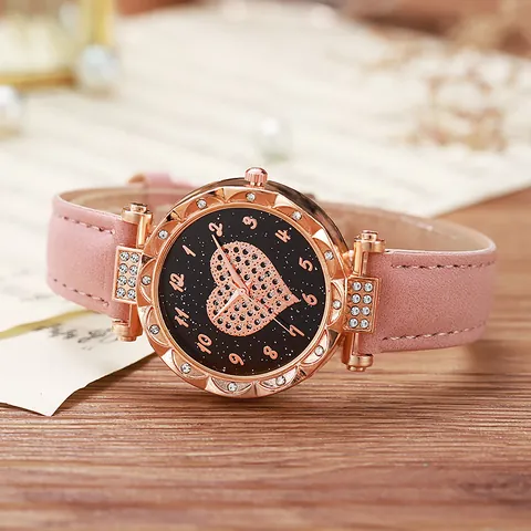 Mode Damen Quarzuhr Strass Herz Sternenhimmel Zifferblatt Roségold Legierung Gehäuse PU Leder Armband Lässig Student Armbanduhr