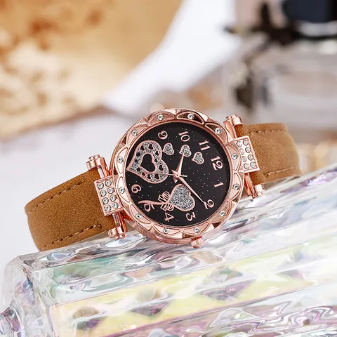 Damen Mode Quarzuhr Mit Herzmuster Sternenhimmel Zifferblatt Strass Akzenten Kunstleder Armband Casual Schmuck