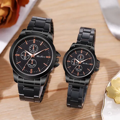 Fashion Business Paar Horloge Set Zwart Roestvrij Stalen Band Quartz Horloge Legering Kast Rond Analoge Display Multi-Wijzerplaat Polshorloge Cadeau Voor Mannen Vrouwen