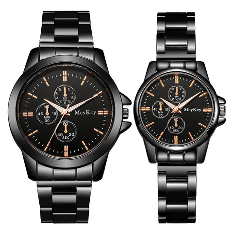 Fashion Business Paar Horloge Set Zwart Roestvrij Stalen Band Quartz Horloge Legering Kast Rond Analoge Display Multi-Wijzerplaat Polshorloge Cadeau Voor Mannen Vrouwen